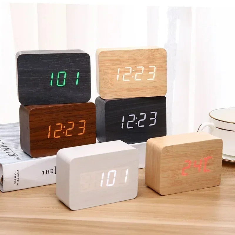 LED Wooden Watch Table Voice Control Digital Wood Despertador