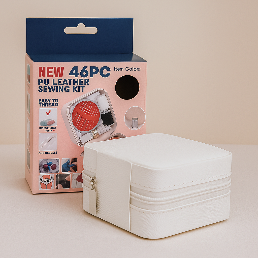 46-Piece PU Leather Sewing Kit – Portable Travel & Home Stitching Set with Threads, Needles, Scissors & Accessories