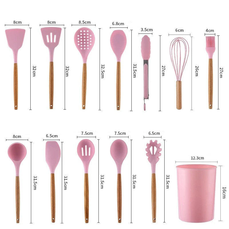 Food Grade Silicone Kitchen Cooking Utensils Practical Cooking Tools Turner Spatula Spoon With Wooden Handle Kitchenware