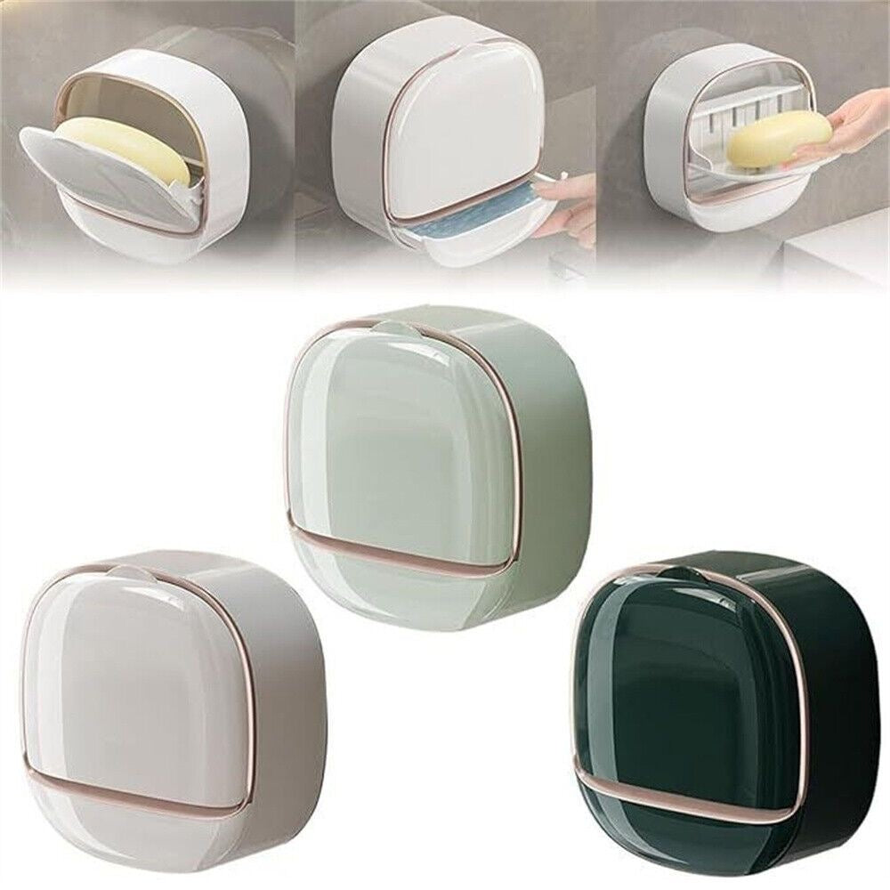 Wall Mounted Soap Holder with Lid and Tray(Comes with Free Self Adhesive Wall Hook)