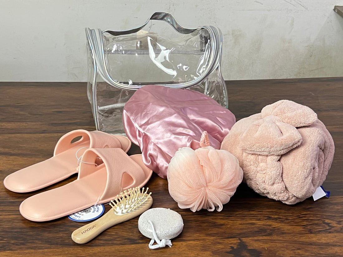 Pink Spa Bath Accessories Set with Clear Travel Bag Spa Accessories