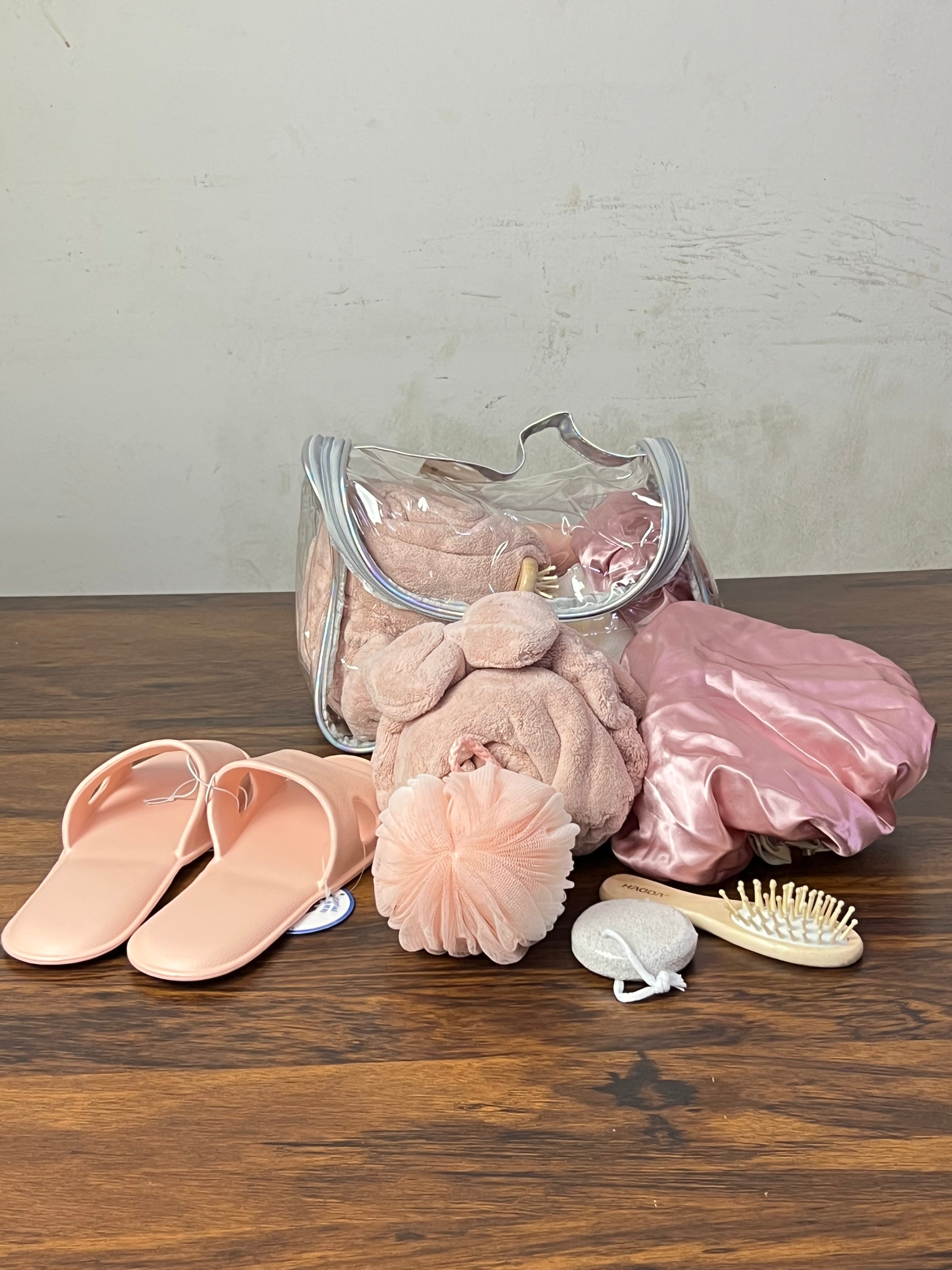 Pink Spa Bath Accessories Set with Clear Travel Bag Spa Accessories