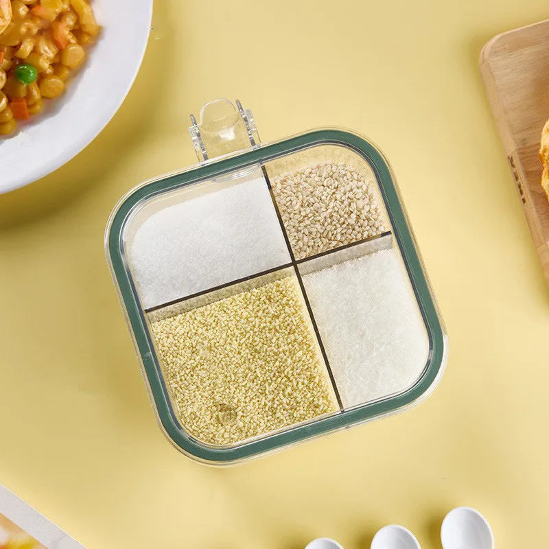 "4-Grid Spice Storage Box – Multi-Section Seasoning Organizer with Spoon